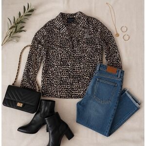 Kittenish Women's Leopard Print Button Down Shirt Long Sleeve Pocket Top Size XS